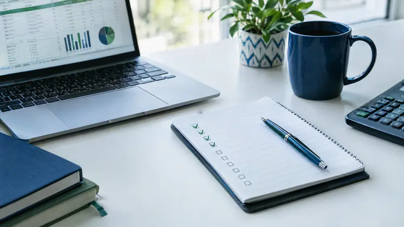 Bookkeeping checklist notepad with green check marks next to a pen and laptop