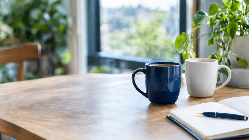 Two coffee mugs beside an open notebook on a table in soft window light