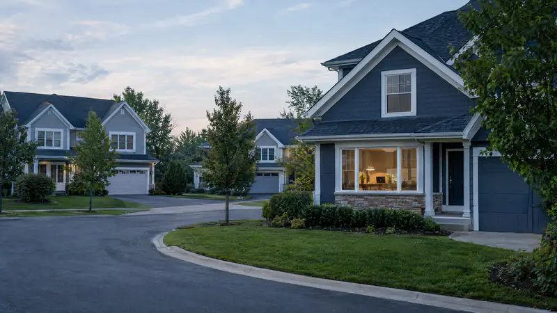 Calm suburban cul-de-sac with a home office visible through a front window