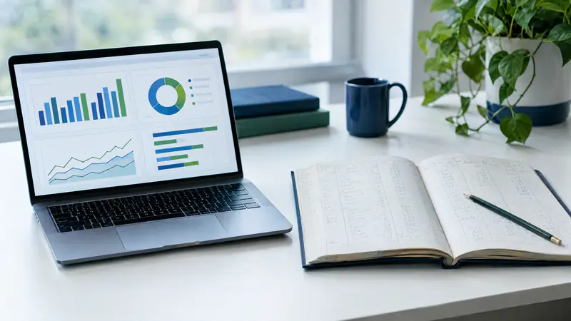 Laptop accounting dashboard beside a handwritten paper ledger