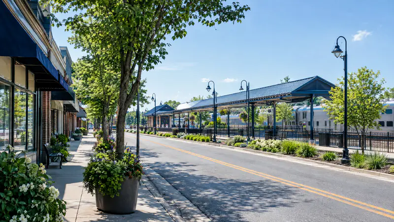 Suburban downtown street with small shops and a commuter train platform in the distance