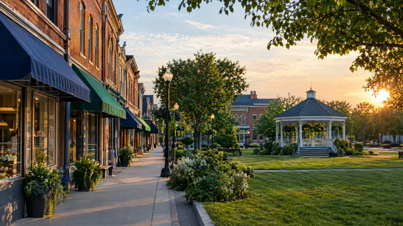 Historic small-town downtown with brick storefronts, boutique awnings and a green village square