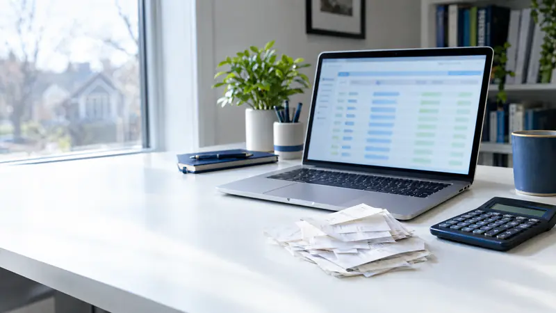 Laptop showing a bookkeeping ledger beside receipts and a calculator on a bright desk