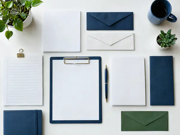 Paperwork, envelopes and a pen laid out like a checklist of tax documents