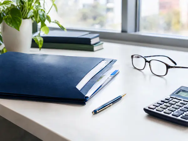 Organized tax documents in a blue folder with a pen, reading glasses and calculator on a clean desk