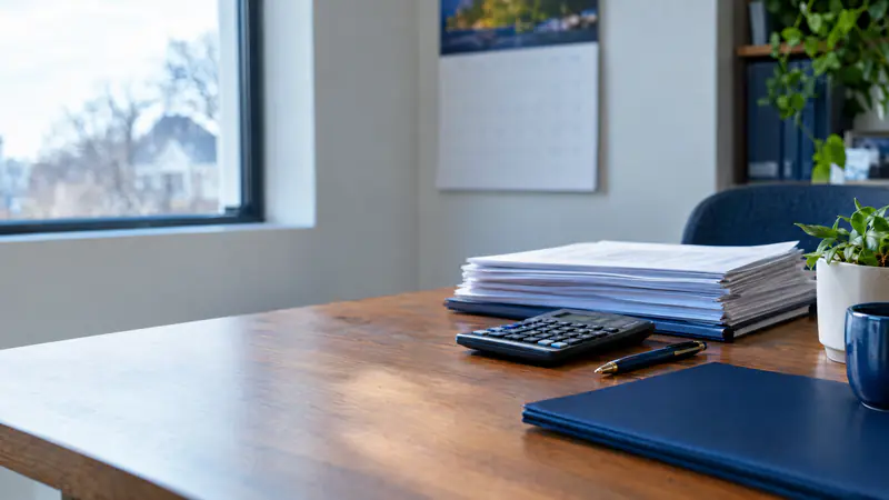 Desk with a stack of tax papers, a calculator, pen and blue folder during tax season